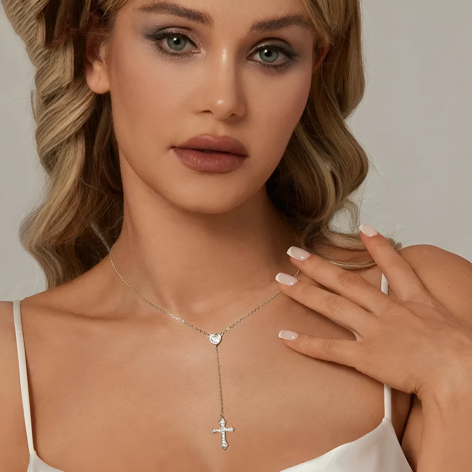 925 silver love cross pendant necklace on V-neck chain in BSN384 colour