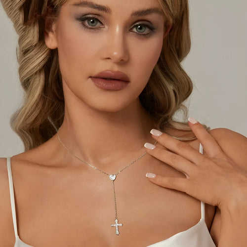 925 silver love cross pendant necklace on V-neck chain in BSN384 colour