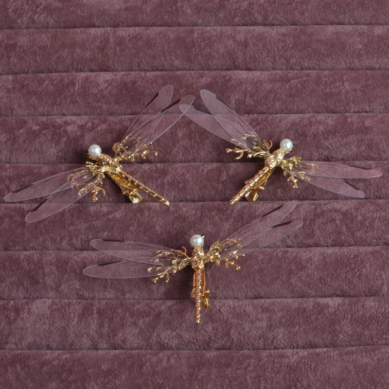 Golden dragonfly-shaped side clip headdress for women's hair with electroplated alloy construction