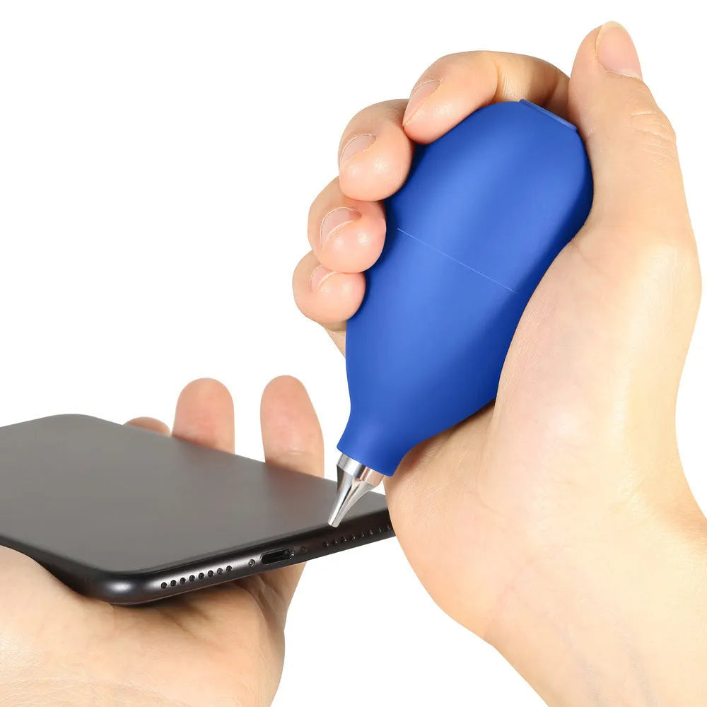 Blue or black rubber air blower dust removal tool for cleaning cameras and phones.