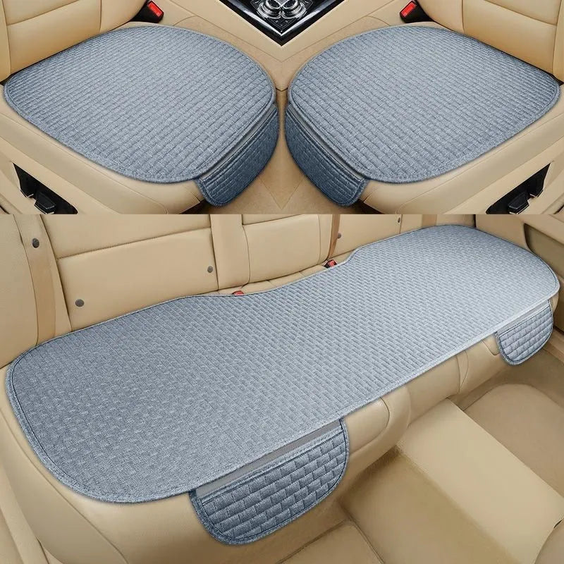 Linen car cushion set showing classic black and red, charm coffee, and warm cream colour options