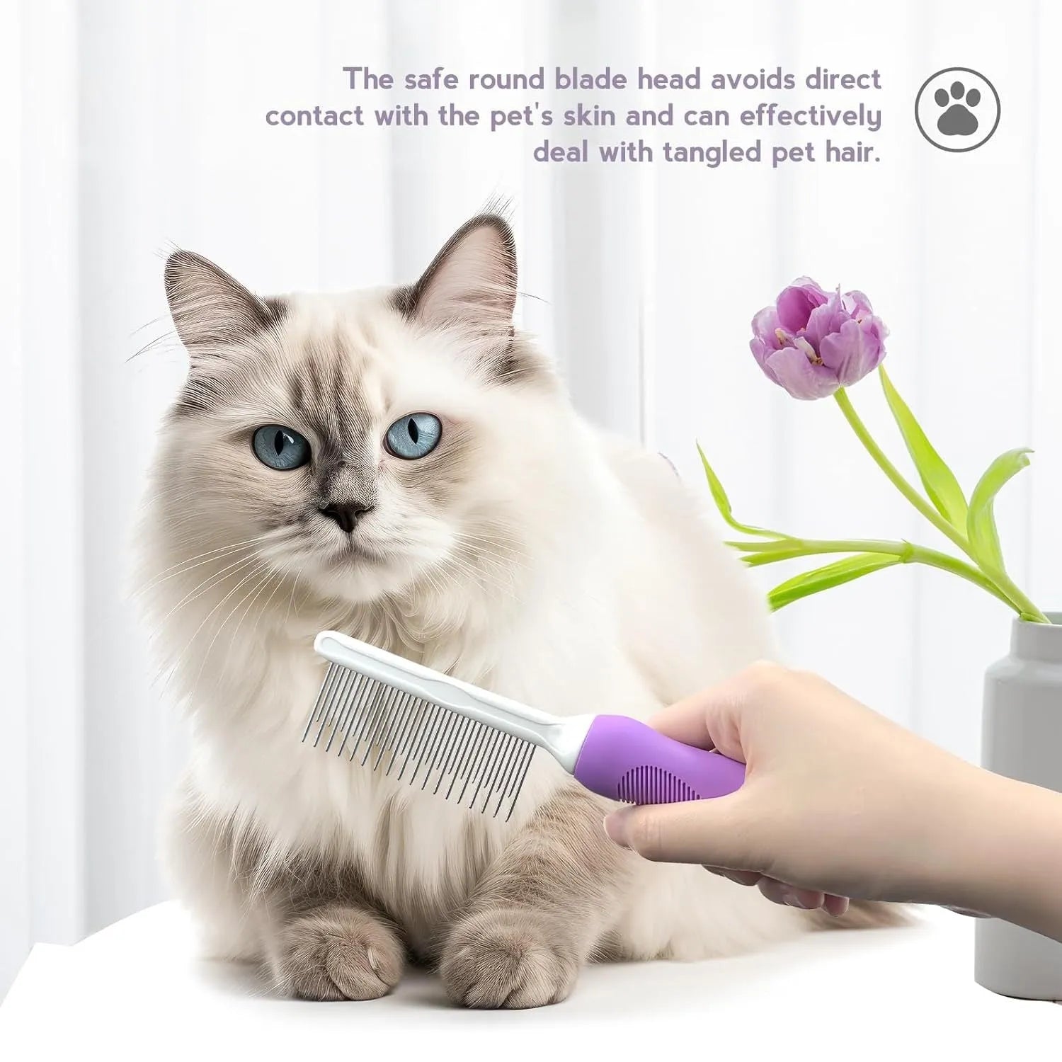 Purple pet grooming comb with stainless steel teeth for detangling dog and cat fur