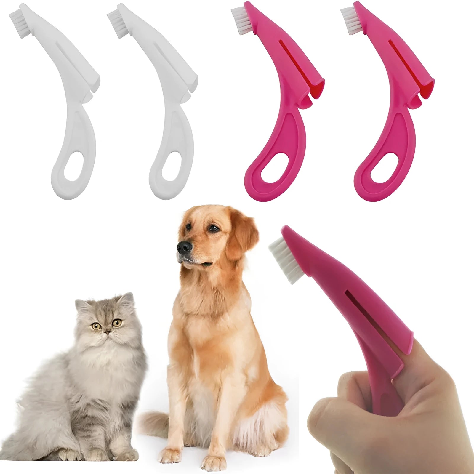 Red and white finger sleeve toothbrush for cleaning dog and cat teeth with soft silicone bristles.