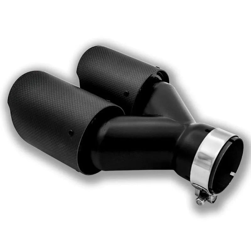 Black carbon fibre car exhaust pipe with double outlet design and 250mm diameter