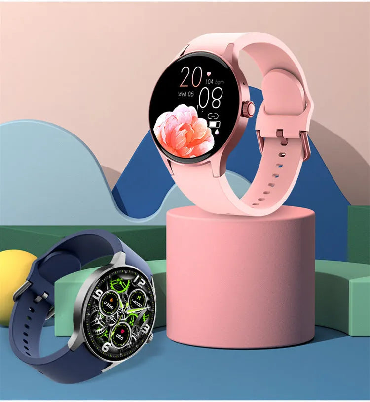 Black smart Bluetooth sport watch with round screen on a wrist, showing fitness stats.