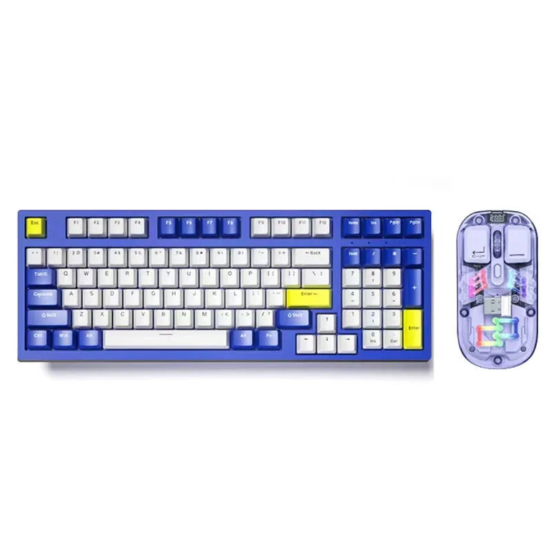 K98 mechanical keyboard with T7 wireless mouse in multiple colour options including black socks and xiaguang purple variants