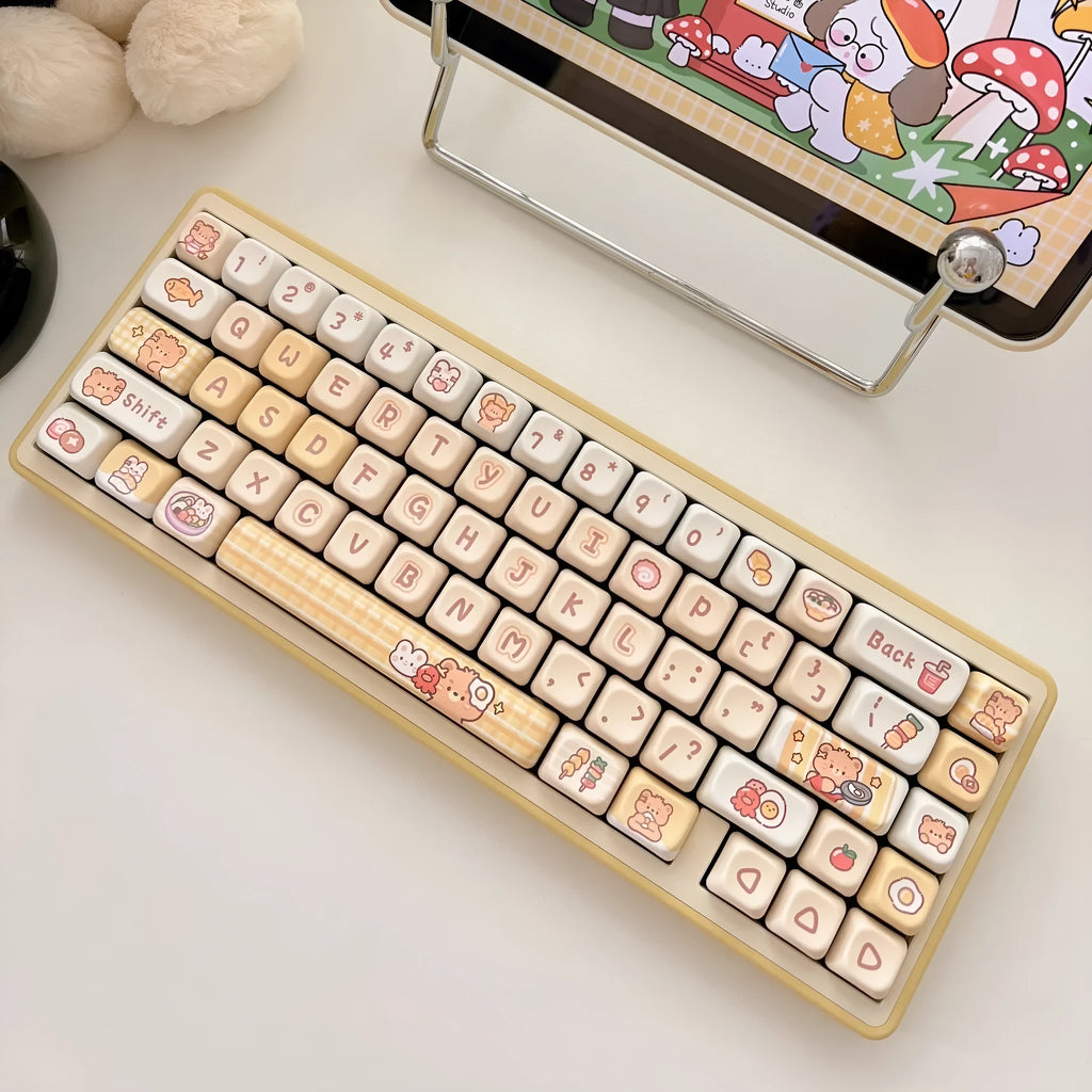 Rabbit Bear Restaurant themed PBT plastic keycap set showing detailed coloured artwork on 140 EOA height keycaps.
