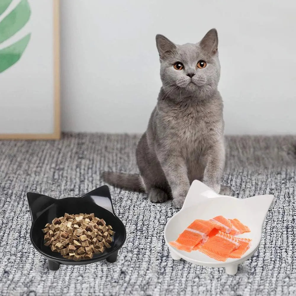 Four shallow melamine pet bowls with anti-skid rubber bases in black and white colours