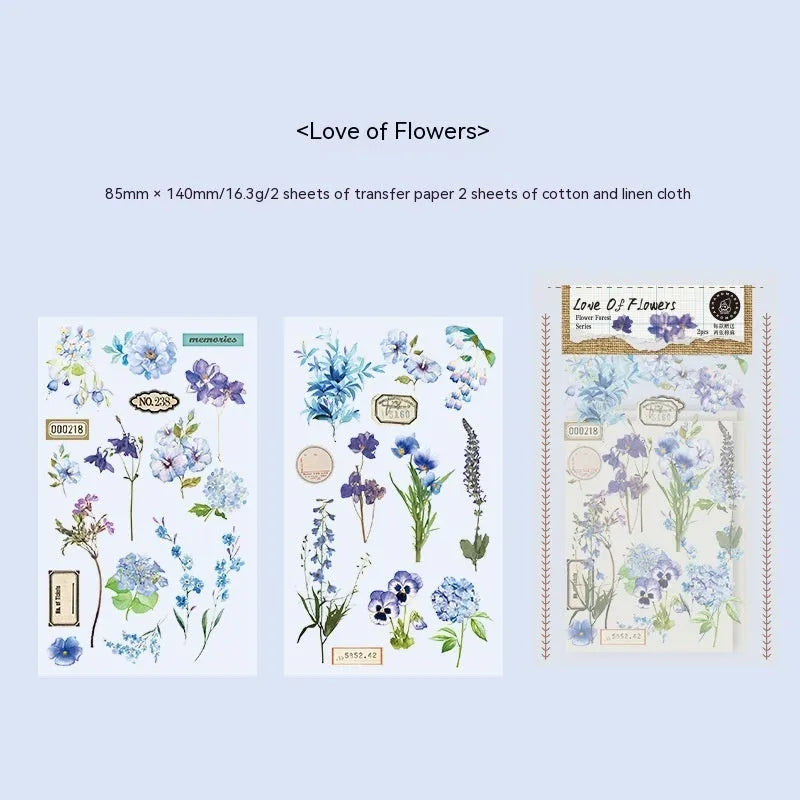 Huazhisen Series sticker pack showing forest label designs on transfer paper and cotton linen sheets