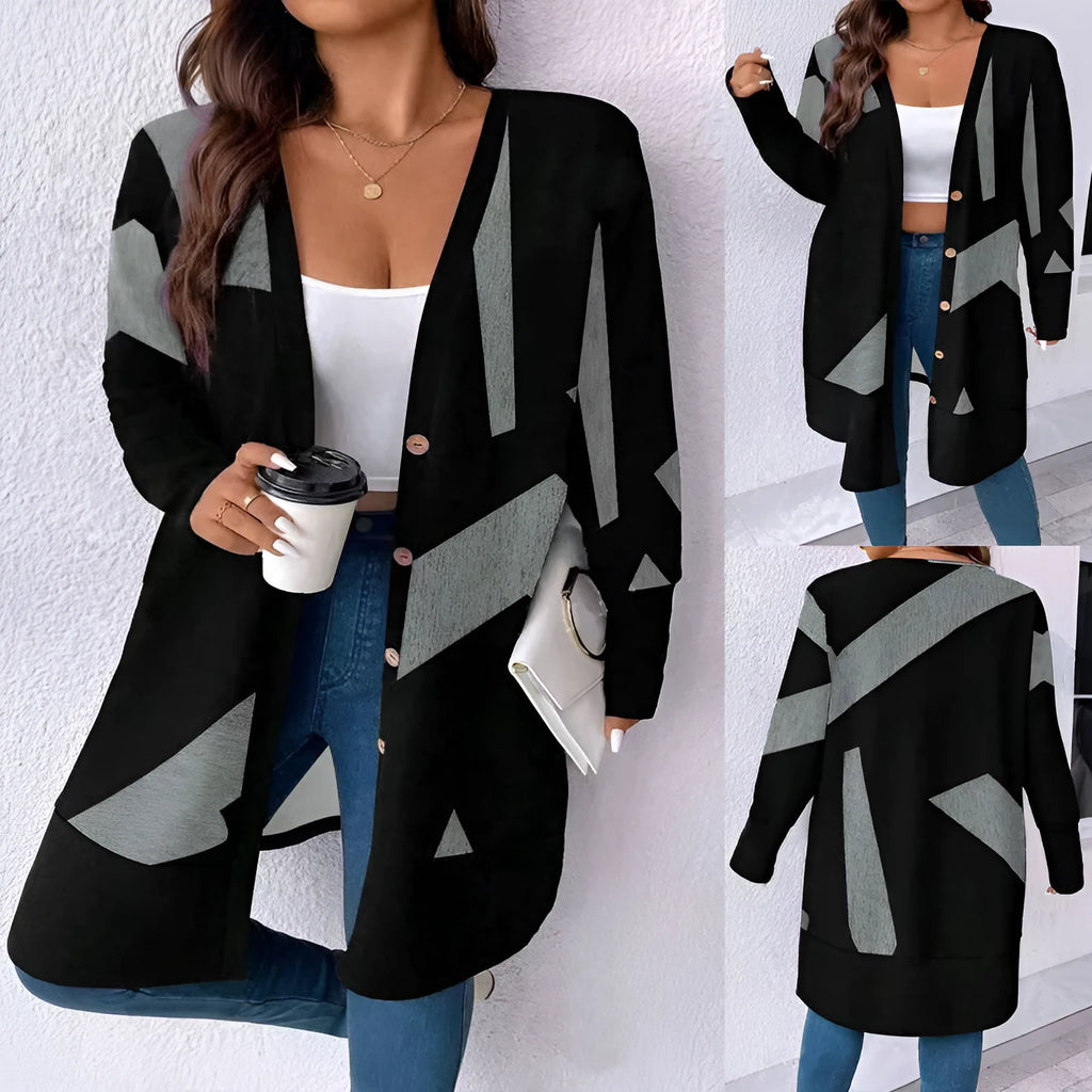 Black loose casual plus size knitwear cardigan with button stitching and printing design