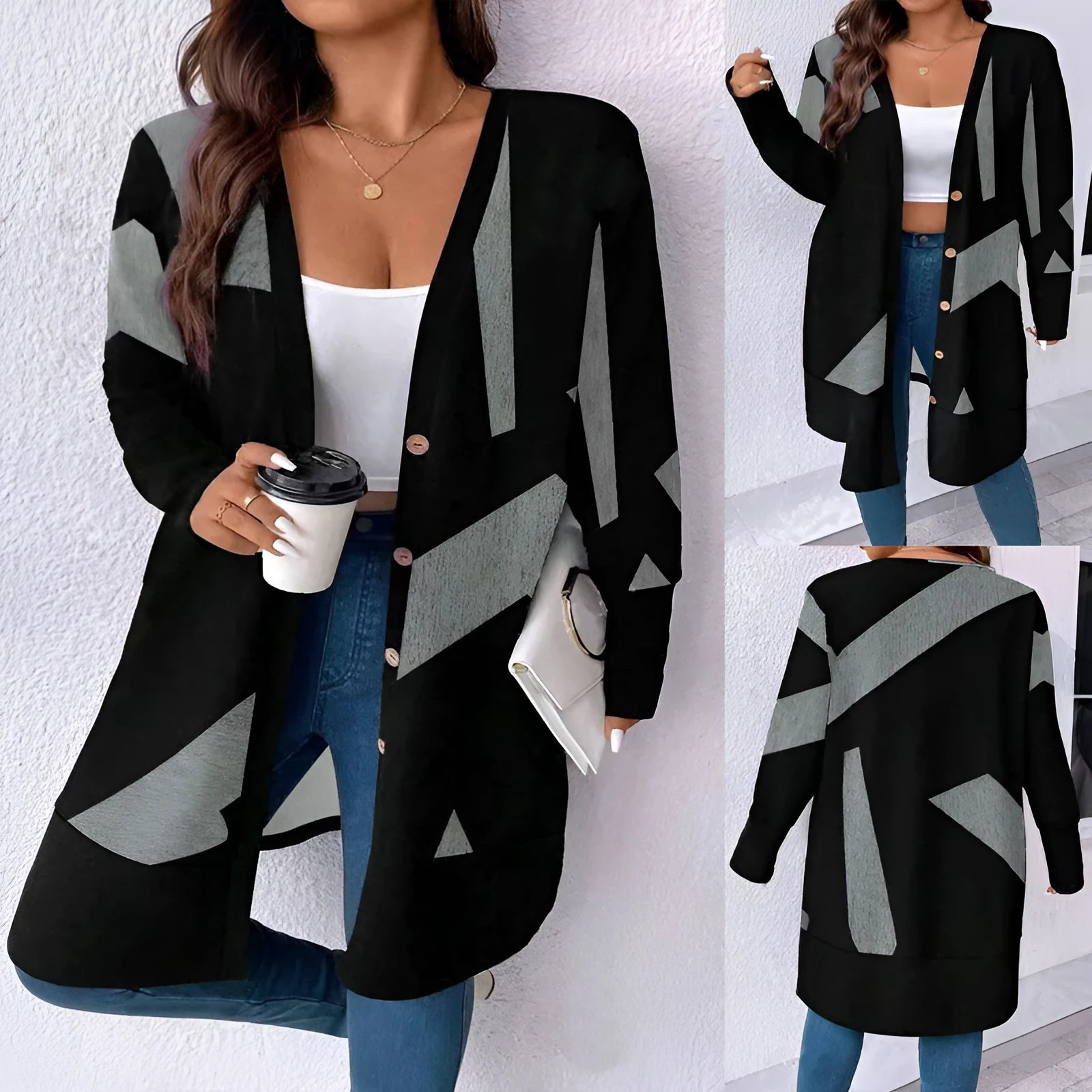 Black loose casual plus size knitwear cardigan with button stitching and printing design