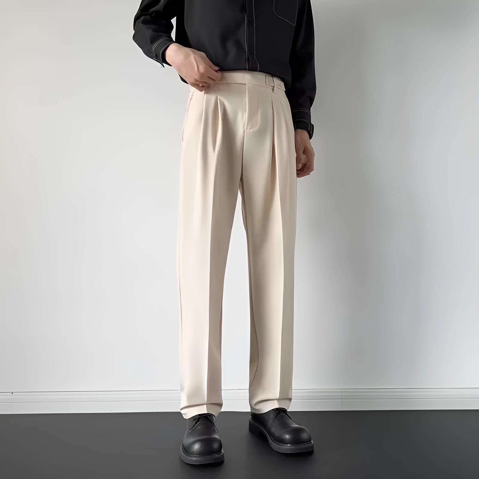 Men's straight loose fit suit trousers in apricot and black colours with Asian sizing options