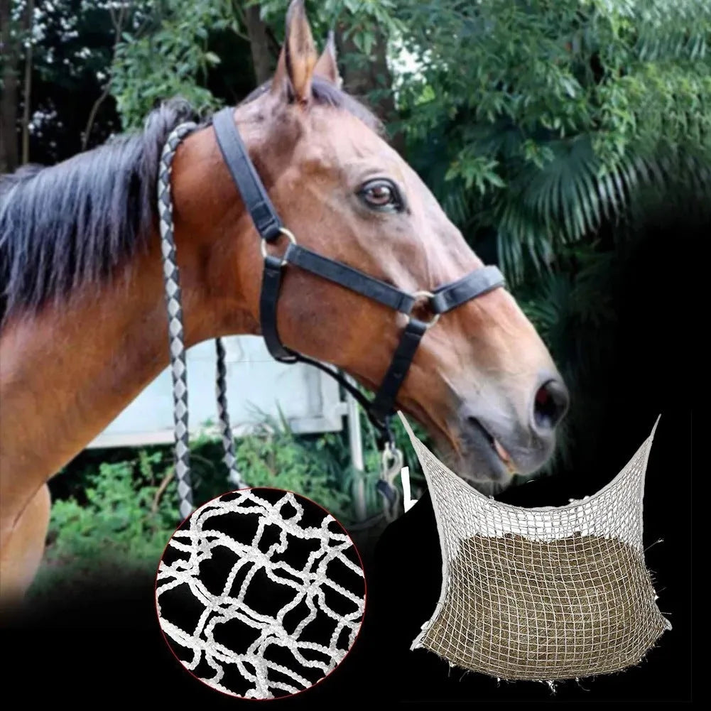 Woven grid horse hanging feeding bag made from black PE rope with open square pattern for livestock feeding