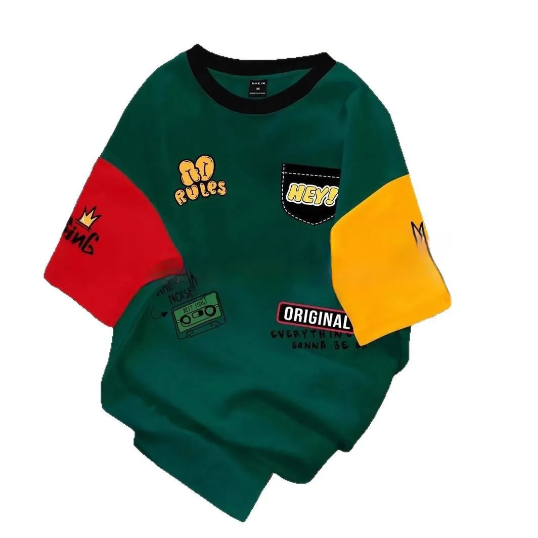 Man's loose fit casual T-shirt with printed letter design, available in multiple colour options.