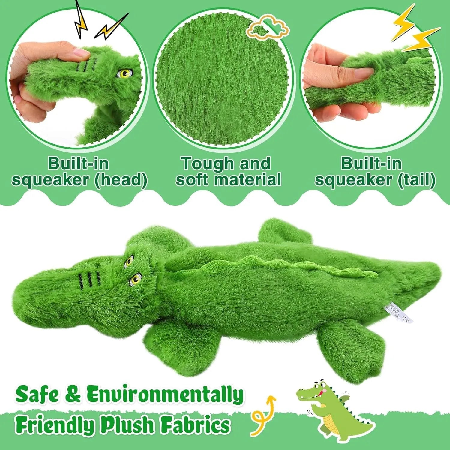 Green crocodile-shaped plush dog toy with no stuffing, squeaker in head, and crinkle paper in tail