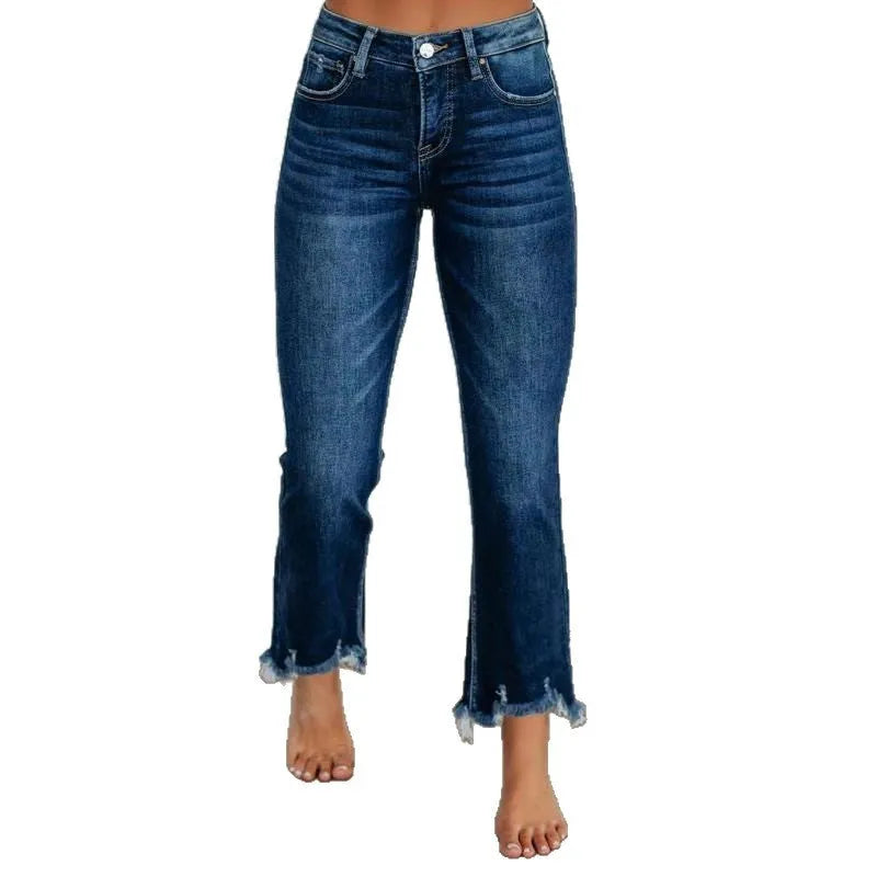 Women's straight leg denim jeans in dark blue and light blue, showcasing hand-worn craft details on cotton fabric.