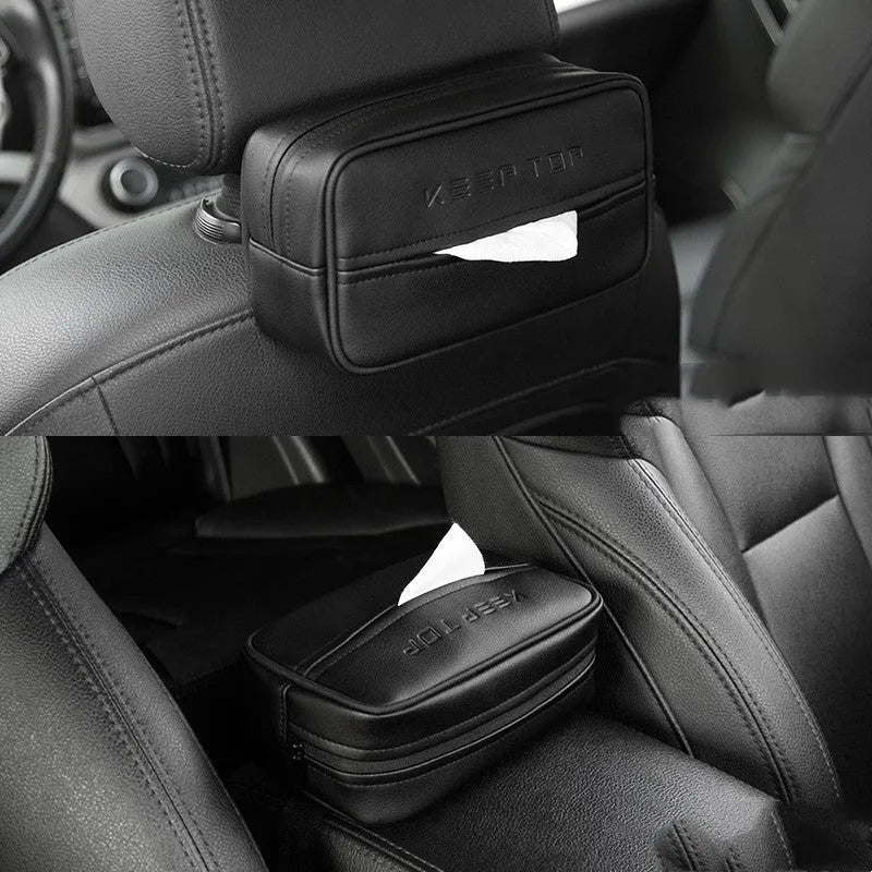 Black PU leather hanging storage bag with hook for car or home organisation