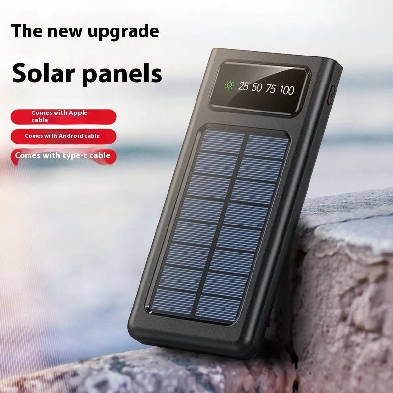 Black and white solar power bank with 20000mAh capacity and four-wire cable for mobile phones