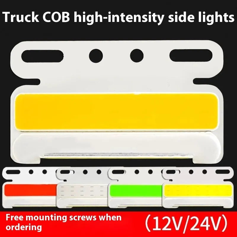 Waterproof aluminium alloy COB LED side light for 12v and 24v trucks in red, yellow, green, blue, or white.