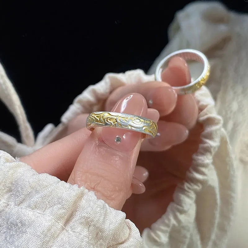 J14 Xiangyun pattern open-mouth ring in white copper with electroplated silver or gold finish.