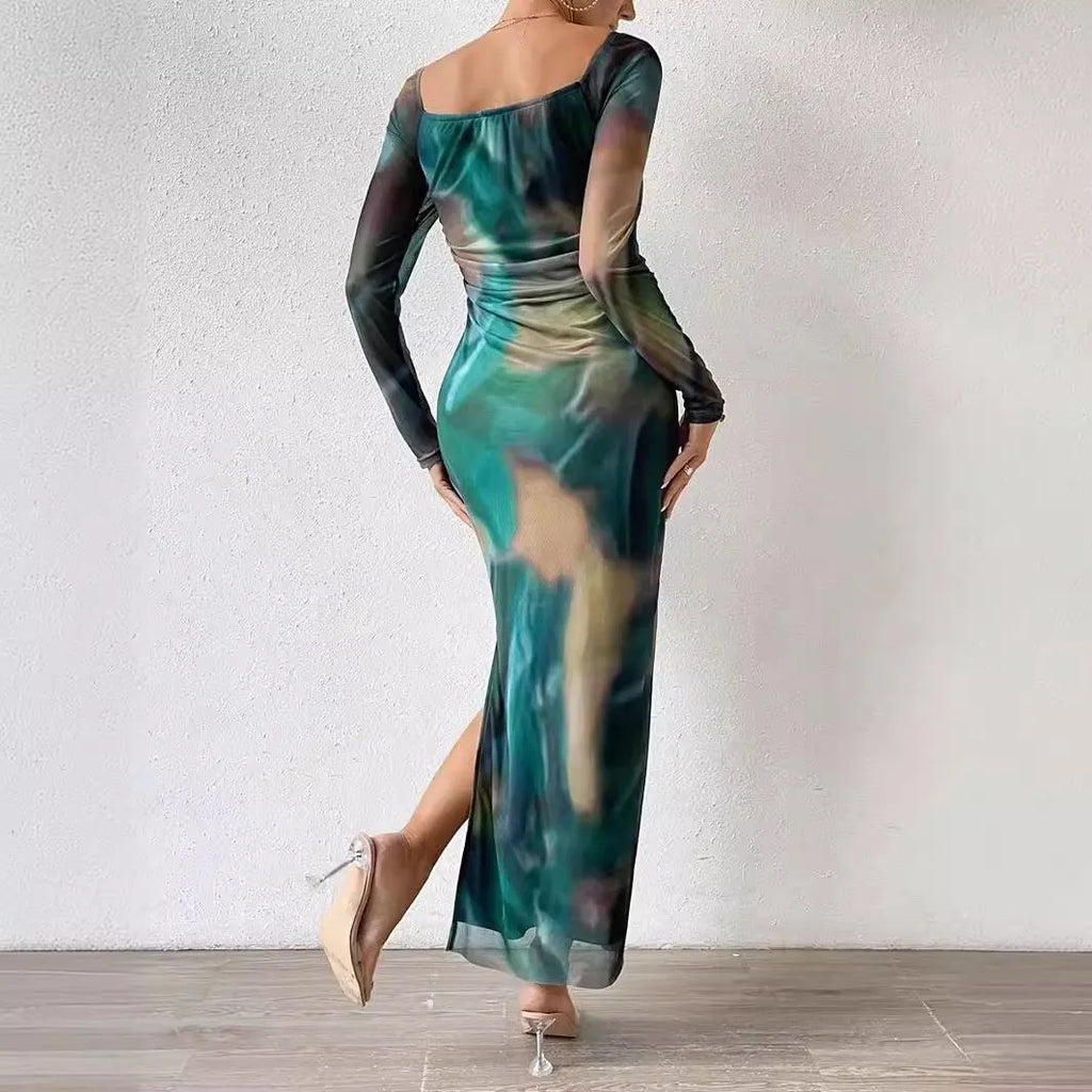 Long gradient print fishtail dress with square collar, shown in one of eight colour options.