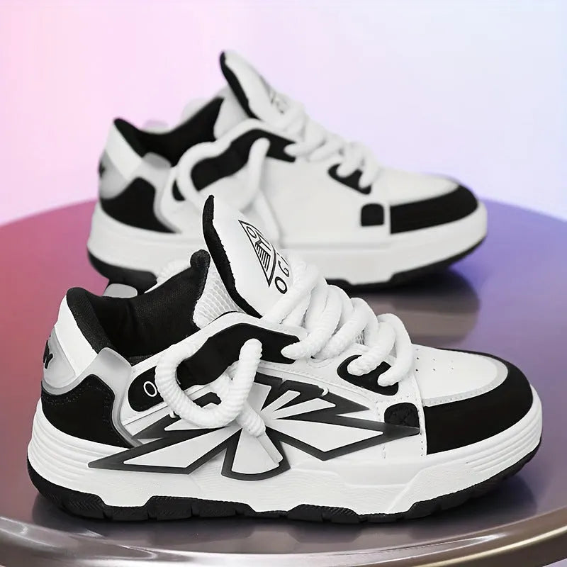 Men's white chunky sneakers with thick rubber sole and cartoon pattern details