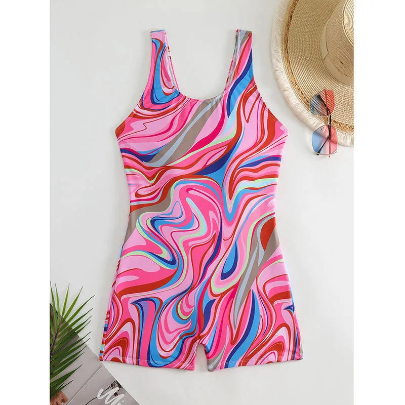 Women's printed high-waist backless one-piece swimsuit in polyester fabric for swimming.