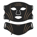 Black and gold LED facial beauty mask with headband and touch screen controls.