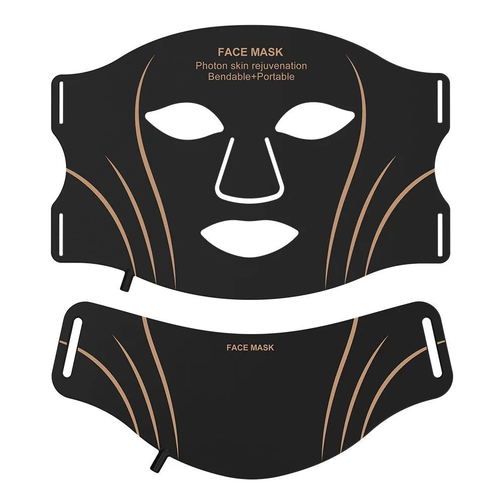 Black and gold LED facial beauty mask with headband and touch screen controls.
