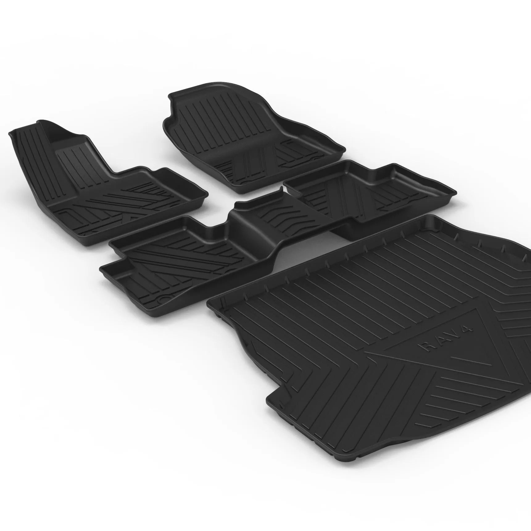 Black carbon fibre pattern TPE car trunk protector mat lying flat.