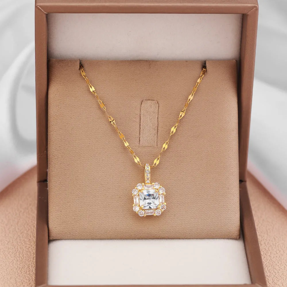 Women's gold geometric pendant necklace with mixed gemstone inlay on water wave chain