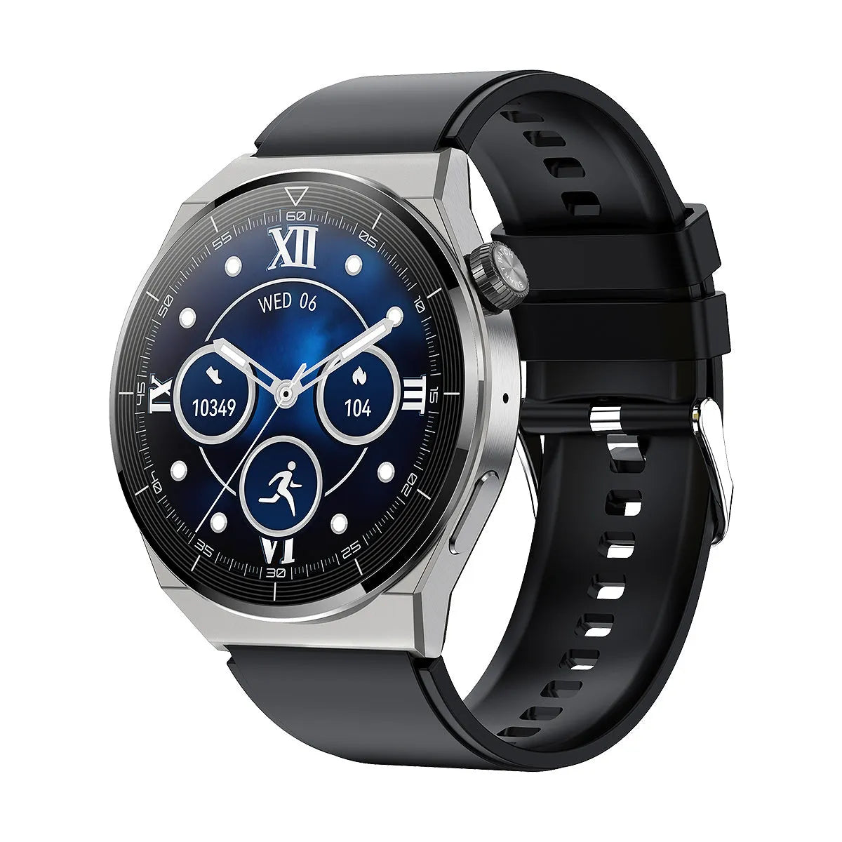 Round Android smartwatch with black silicone band showing Bluetooth and NFC icons on its 1.36-inch screen.
