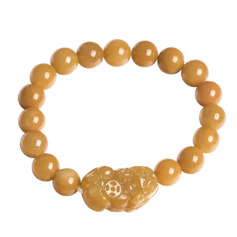 Hand-carved Golden Thread Jade money bracelet with coin design, shown in two bead size options.