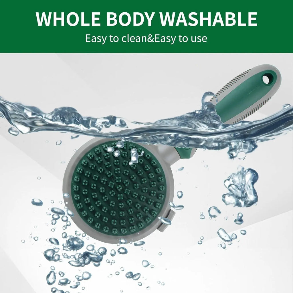 Two-sided silicone cat hair brush showing retractable slicker brush and octopus-teethed massager sides on green background