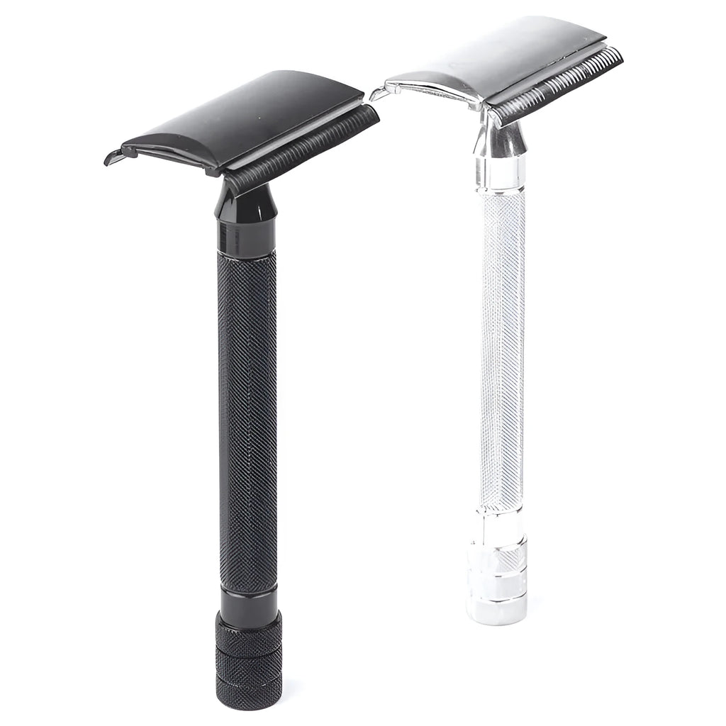 Traditional manual shaving razor and brush combination kit in black and silver metal finishes.