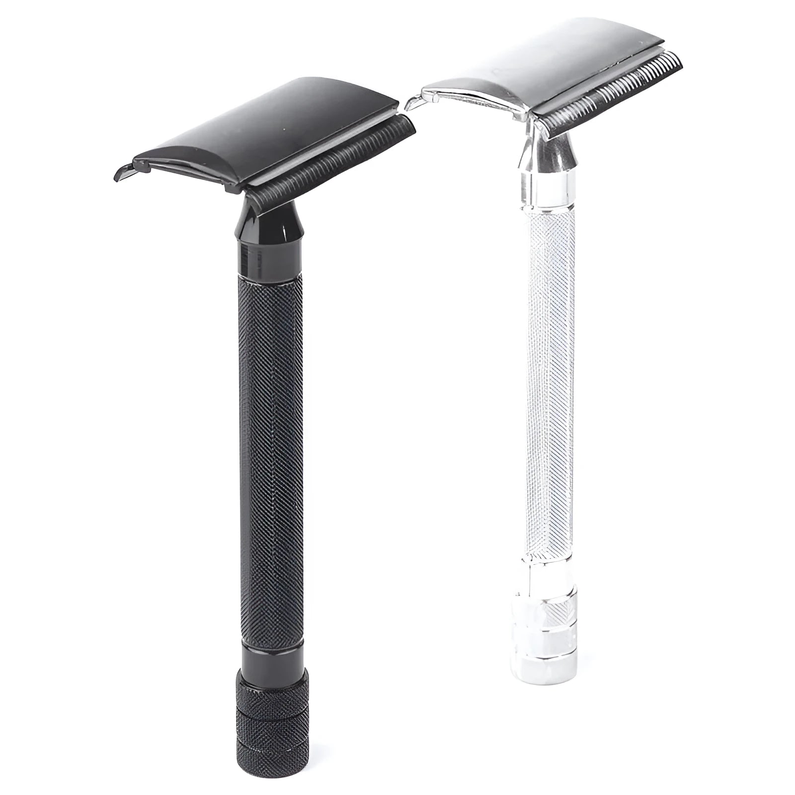 Traditional manual shaving razor and brush combination kit in black and silver metal finishes.