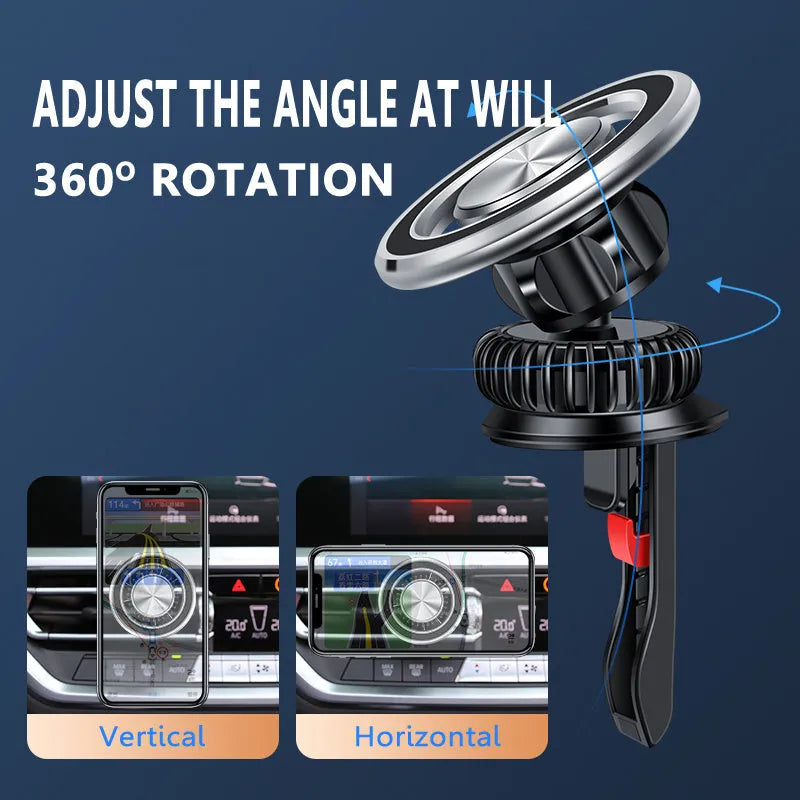 Silver and black magnetic car phone holder with alloy bracket attached to vehicle air vent