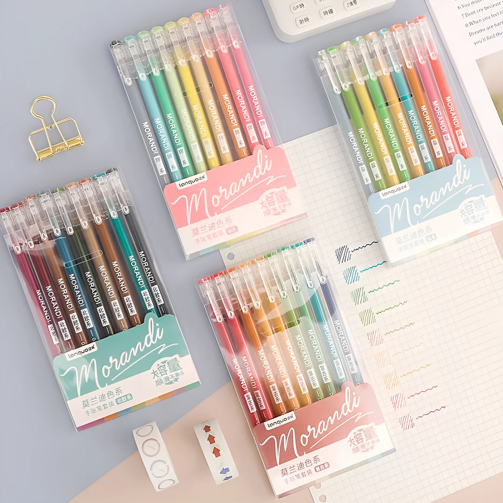 Set of nine 0.5mm needle tip gel pens in plastic shells with choice of Japanese colour themes