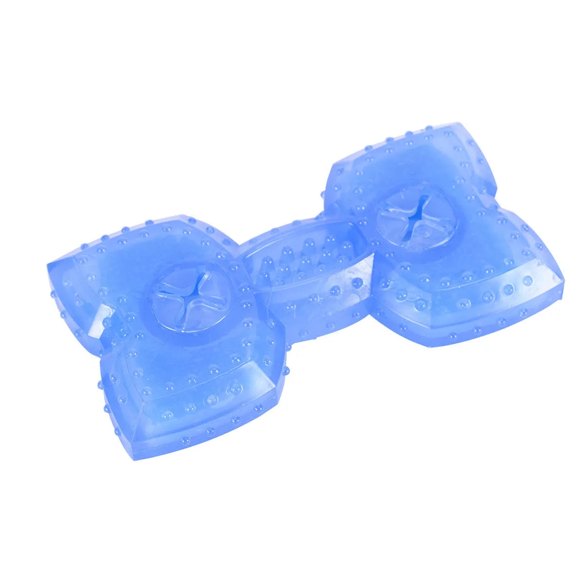 Freezable dog chew toy in bone and circle shapes for cooling and teething relief.
