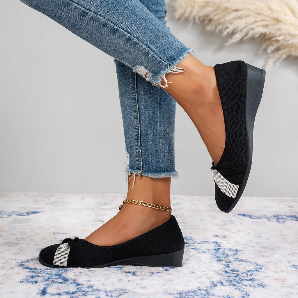 Women's black slip-on casual shoes with rhinestone decoration and 6-8cm chunky heel
