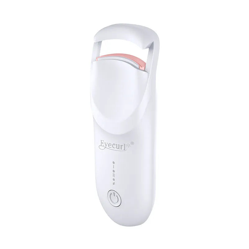 USB electric eyelash curler in cream white, pink, or apricot with charging cable.