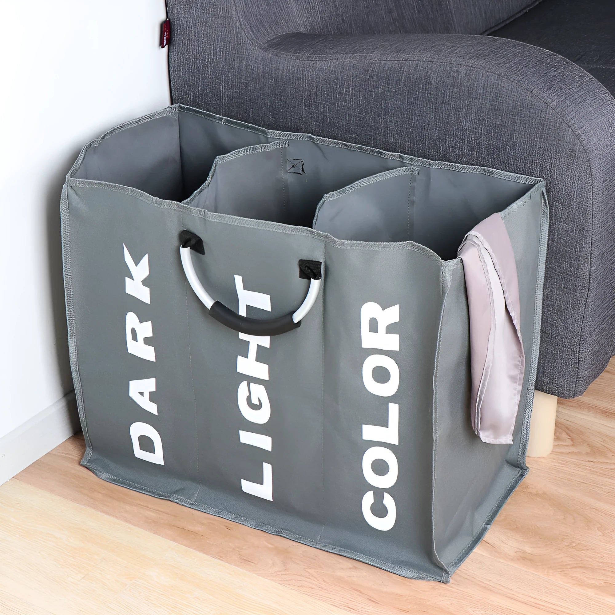 Three-compartment large capacity clothing bag in dark grey made from 600D Oxford cloth with modern simple design