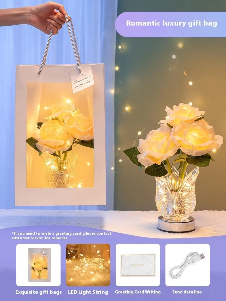 Modern crystal flowers design table lamp with touch dimmer control on wooden surface