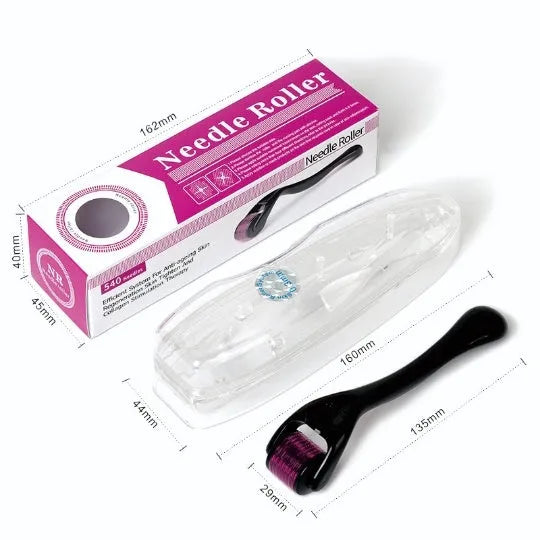Black and purple derma rollers with titanium microneedles, showing different needle size options from 0.2mm to 1.0mm.