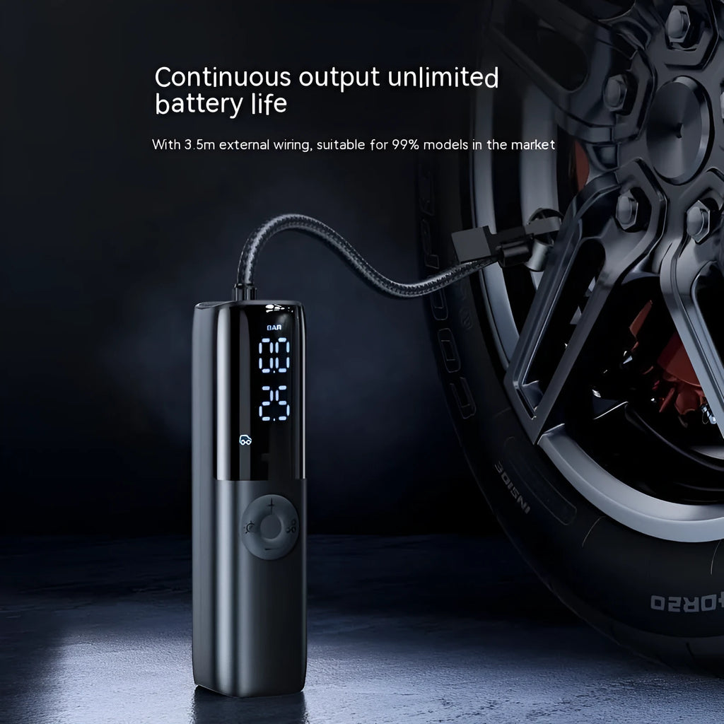 Black portable electric vehicle air pump with ABS PC housing and tyre pressure gauge