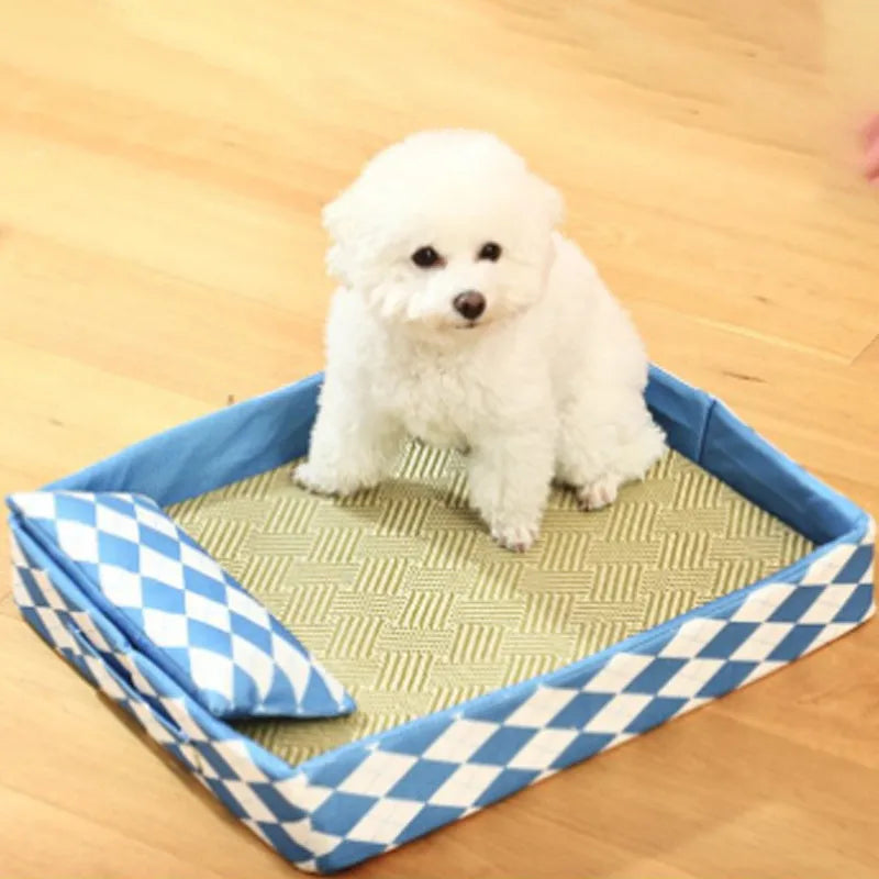 Blue rattan cat litter mat and bed in size L 70cm by 50cm
