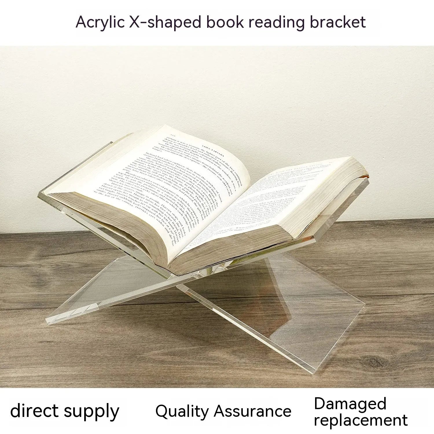 Clear acrylic X-shaped desktop book display rack holding books and magazines
