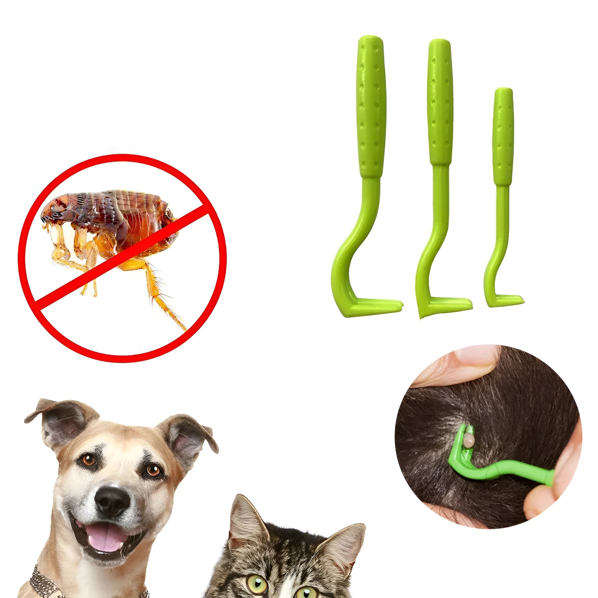 Set of three blue plastic tick removal hooks for pets on a white background.