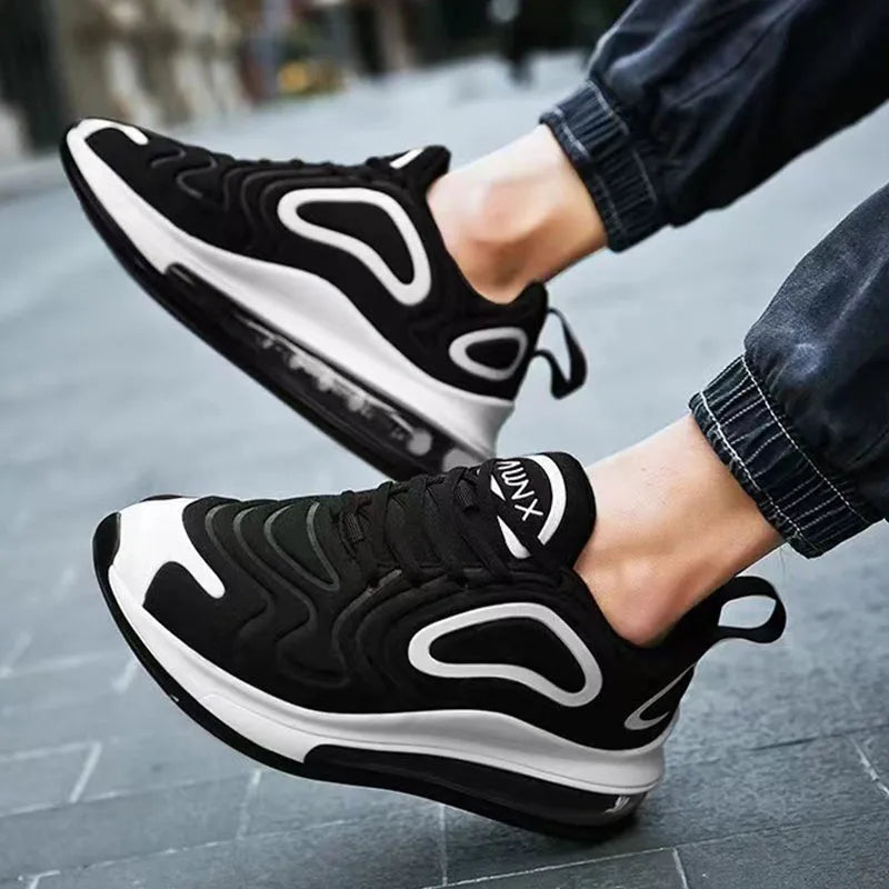 Men's black lace-up air cushion running shoes with a thick sole and round toe.