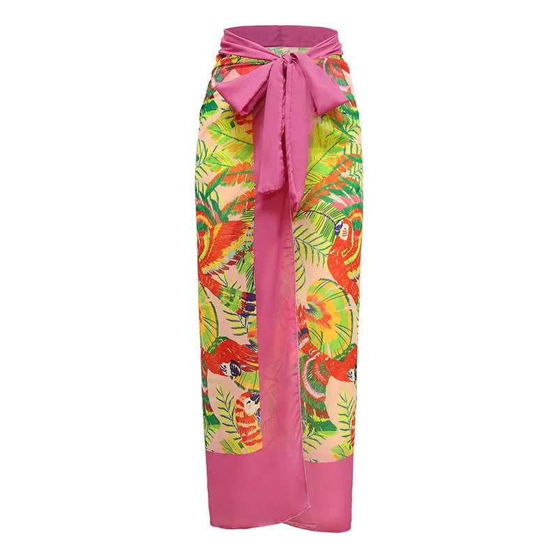 Retro pink floral print one-piece swimsuit with V-neck and covered belly thin skirt design